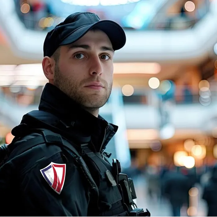 Standing security guard at building entrance in Los Angeles